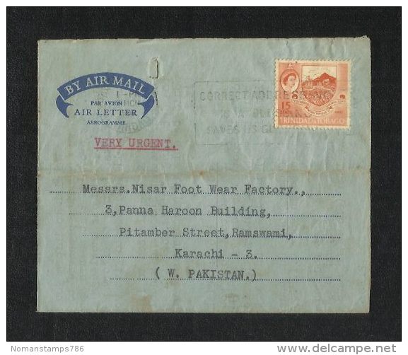 Trinidad & Tobago 1962 Air Mail Postal Used Aerogramme Cover Trinidad & Tobago To Pakistan - Trinité & Tobago (...-1961)