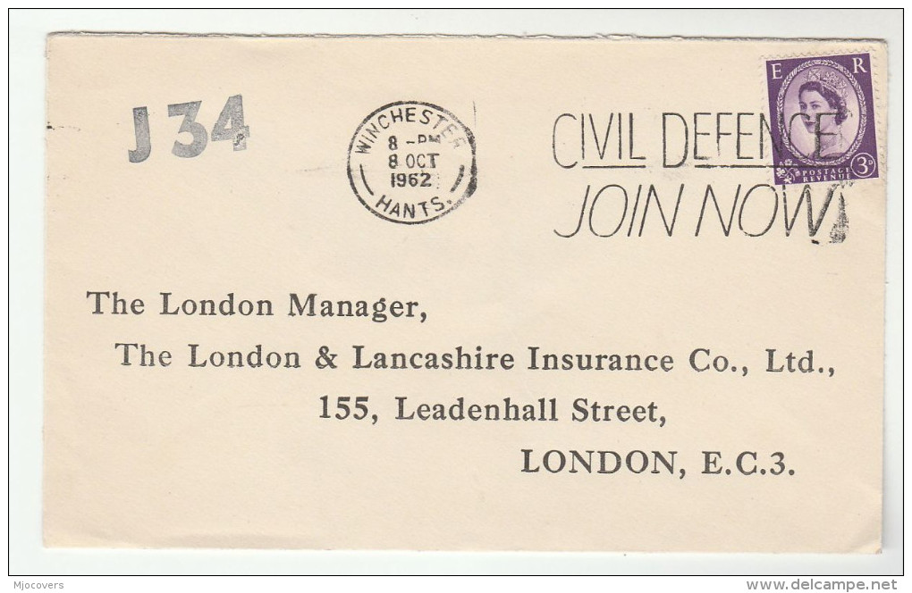 1962 Winchester GB Stamps COVER SLOGAN Pmk CIVIL DEFENCE JOIN NOW - Briefe U. Dokumente