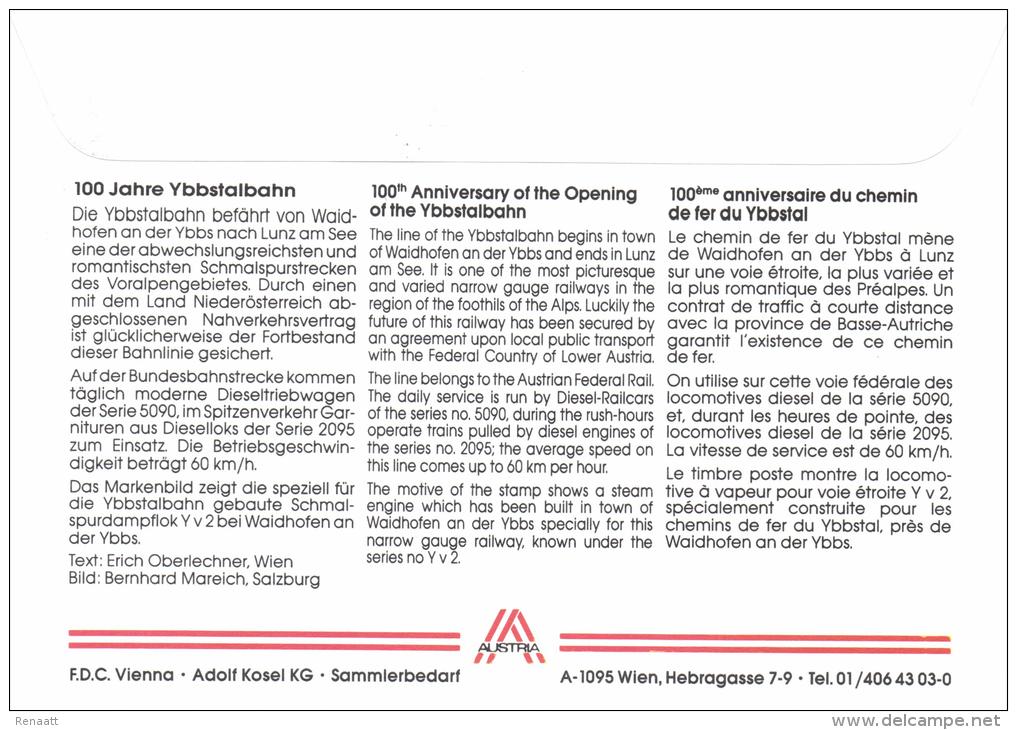 Austria 1998 FDC, Train, 100 Year Ybbstalbahn, Steam Train - Trains