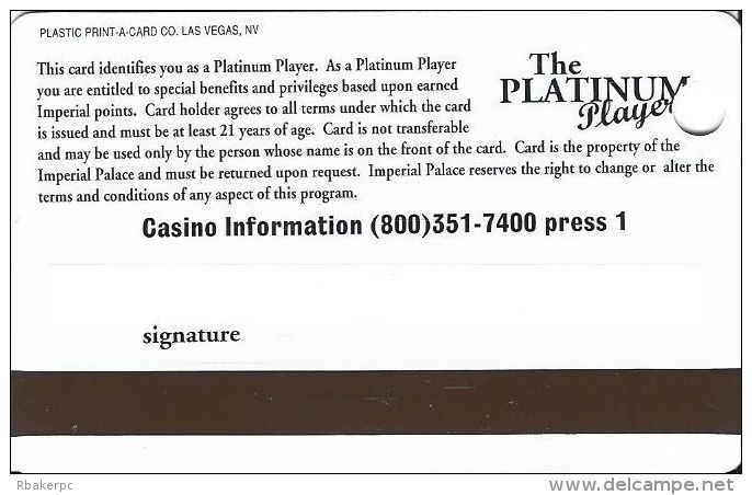 Imperial Palace Casino Las Vegas 20th Anniversary Slot Card  ...[RSC]... - Casino Cards