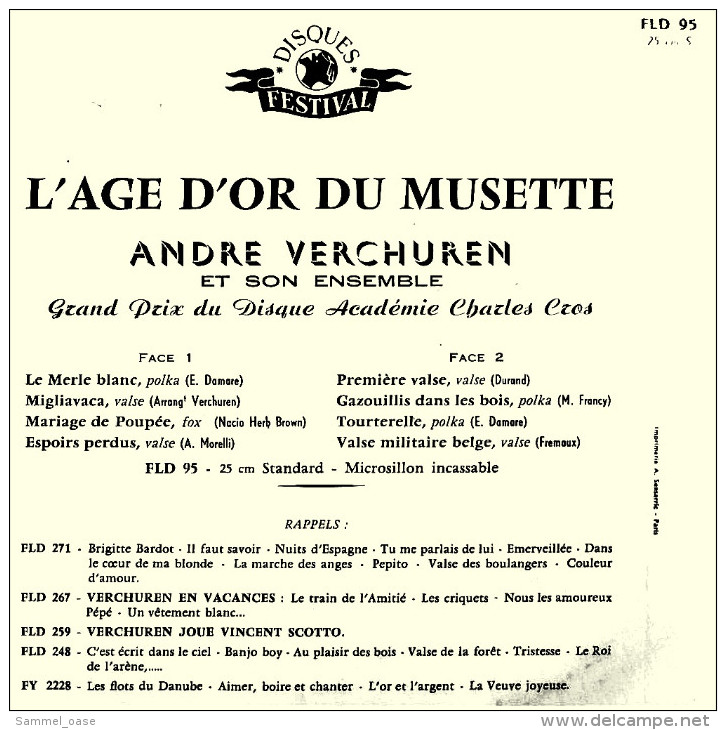 LP / Vinyl 10" Zoll  -  Andre Verchuren  -  L Age D Or Du Musette  -  Nr. FLD 95 S Von Festival Ca. 1958 - Instrumental