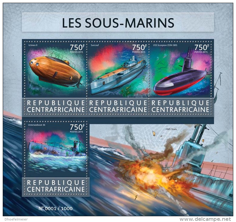 CENTRAL AFRICA 2015 ** Submarines U-Boote M/S - OFFICIAL ISSUE - A1543 - U-Boote