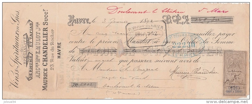 Lettre Change 3/2/1892 CHANDELIER Vins Spiritueux Rhums Tafias LE HAVRE Seine Maritime Pour Doulevant - Lettres De Change