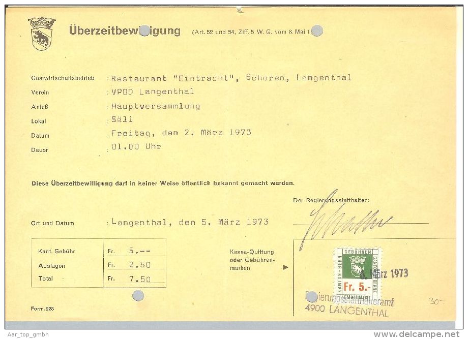 Heimat BE Langenthal 1973-03-05 Fiskalm. Fr.5 Ueberzeitbewill. - Revenue Stamps