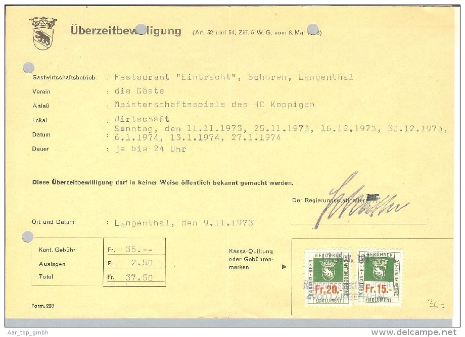 Heimat BE Langenthal 1973-11-09 Fiskalmarken Fr. 20+15 Bewill. - Revenue Stamps