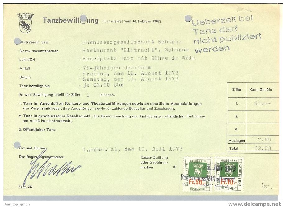 Heimat BE Langenthal 1973-07-23 Fiskalm. Fr. 50+10 Tanzbewill. - Steuermarken