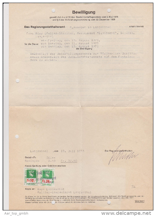 Heimat BE Langenthal 1973-07-19 Fiskalmarken Fr.10+20 Wirtebe. - Fiscales