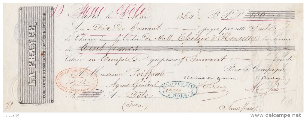Lettre Change 2/5/1860 LA FRANCE Compagnie Assurance PARIS Pour Dôle Jura - Bills Of Exchange