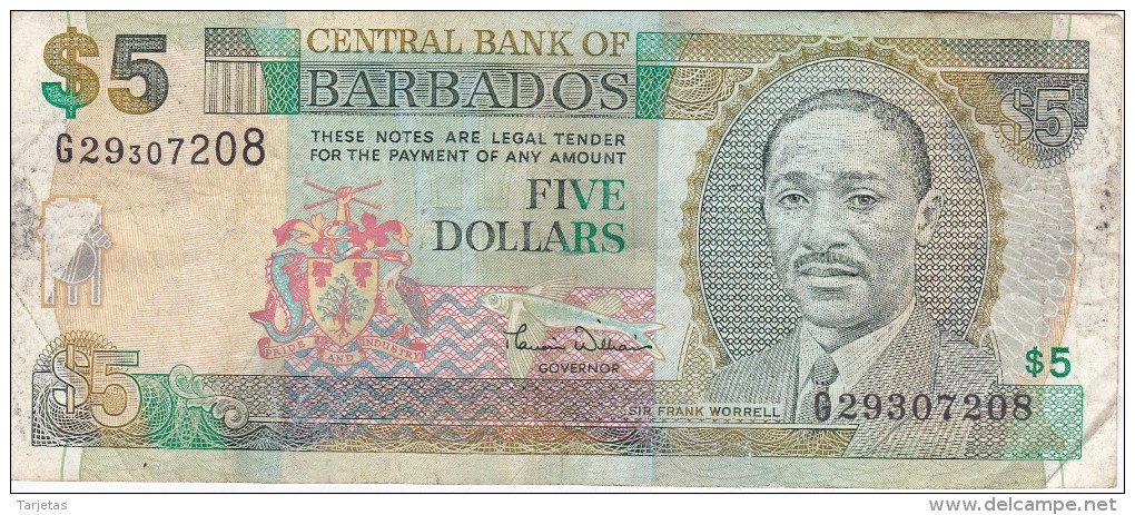 BILLETE DE BARBADOS DE 5 DOLLARS DEL AÑO 2000  (BANKNOTE) - Barbados