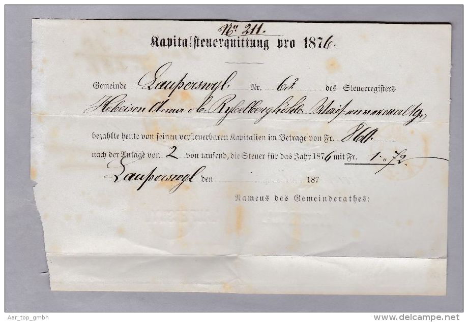 Heimat BE LAUPERSWYL 1876-12-18 Langstempel Auf NN-Quittung Nach Langnau Mit 10+5Rp Sit - Covers & Documents