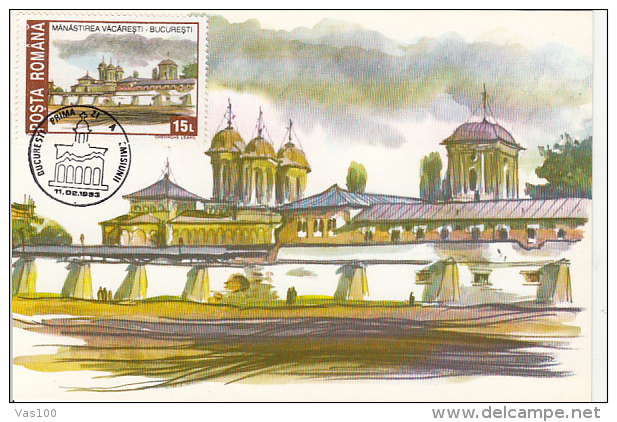 ARCHITECTURE, BUCHAREST DEMOLISHED VACARESTI MONASTERY, CM, MAXICARD, CARTES MAXIMUM, OBLIT FDC, 1993, ROMANIA - Abbayes & Monastères