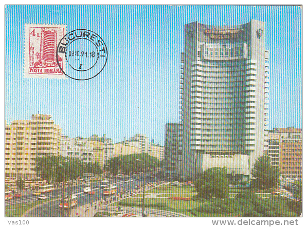 TOURISM, BUCHAREST INTERCONTINENTAL HOTEL, TRAM, TRAMWAY, BUSS, CAR, CM, MAXICARD, CARTES MAXIMUM, 1991, ROMANIA - Hôtellerie - Horeca