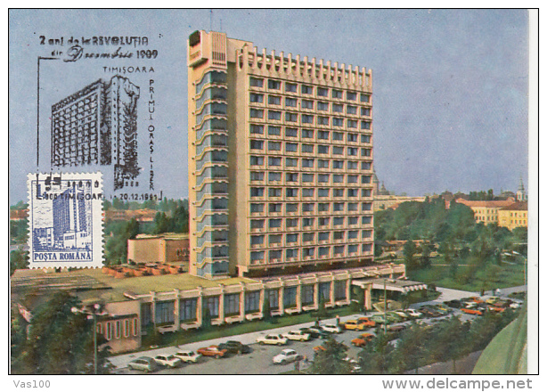 TOURISM, TIMISOARA CONTINENTAL HOTEL, CAR, 1989 REVOLUTION, CM, MAXICARD, CARTES MAXIMUM, 1991, ROMANIA - Hostelería - Horesca