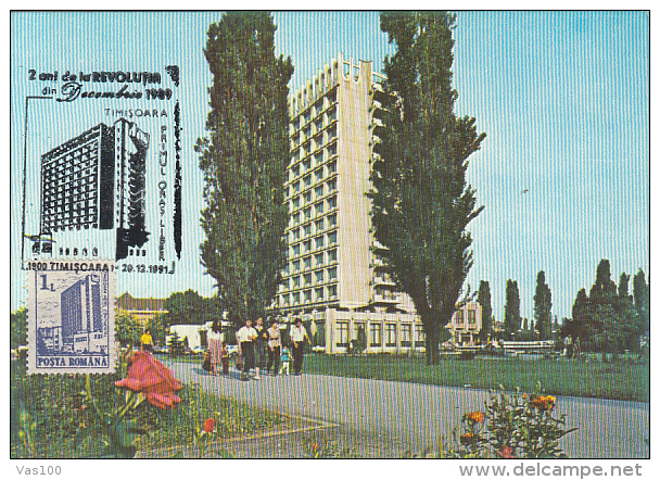 TOURISM, TIMISOARA CONTINENTAL HOTEL, 1989 REVOLUTION, CM, MAXICARD, CARTES MAXIMUM, 1991, ROMANIA - Hôtellerie - Horeca