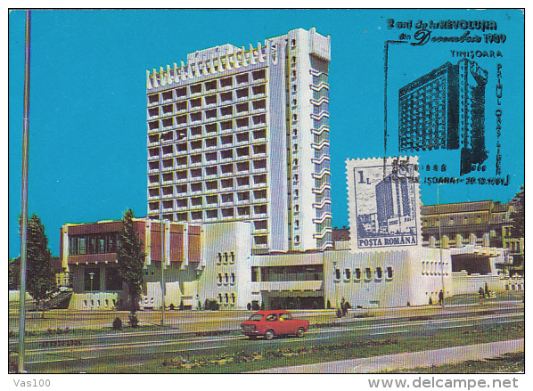 TOURISM, TIMISOARA CONTINENTAL HOTEL, CAR, 1989 REVOLUTION, CM, MAXICARD, CARTES MAXIMUM, 1991, ROMANIA - Hôtellerie - Horeca