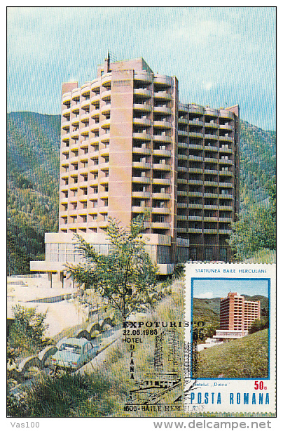 TOURISM, BAILE HERCULANE DIANA HOTEL, CAR, CM, MAXICARD, CARTES MAXIMUM, 1986, ROMANIA - Hôtellerie - Horeca