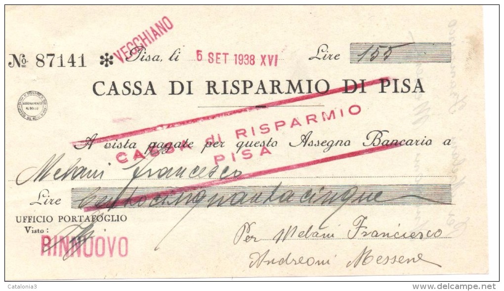 ITALIA - ITALY =  CHEQUE PAGARÉ CASSA DI RISPARMIO DI PISA 1938 - [ 4] Voorlopige Uitgaven