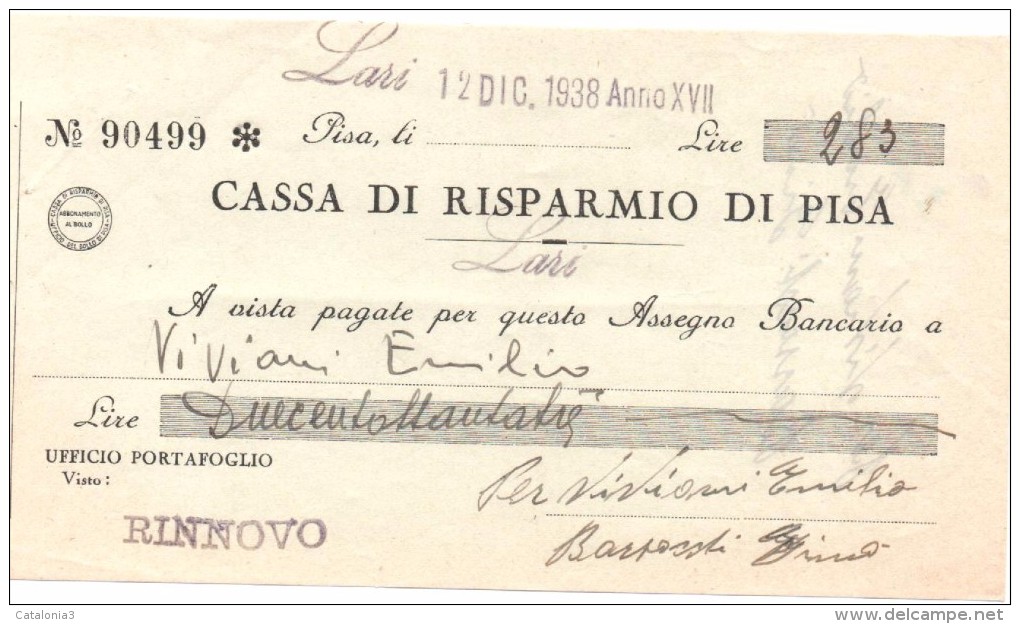 ITALIA - ITALY =  CHEQUE PAGARÉ CASSA DI RISPARMIO DI PISA 1938 - [ 4] Emisiones Provisionales
