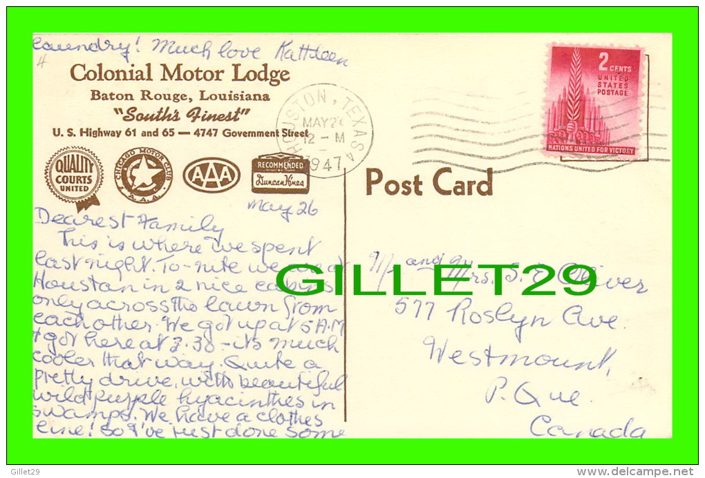 BATON ROUGE, LA - COLONIAL MOTOR LODGE - TRAVEL IN 1947 - - Baton Rouge