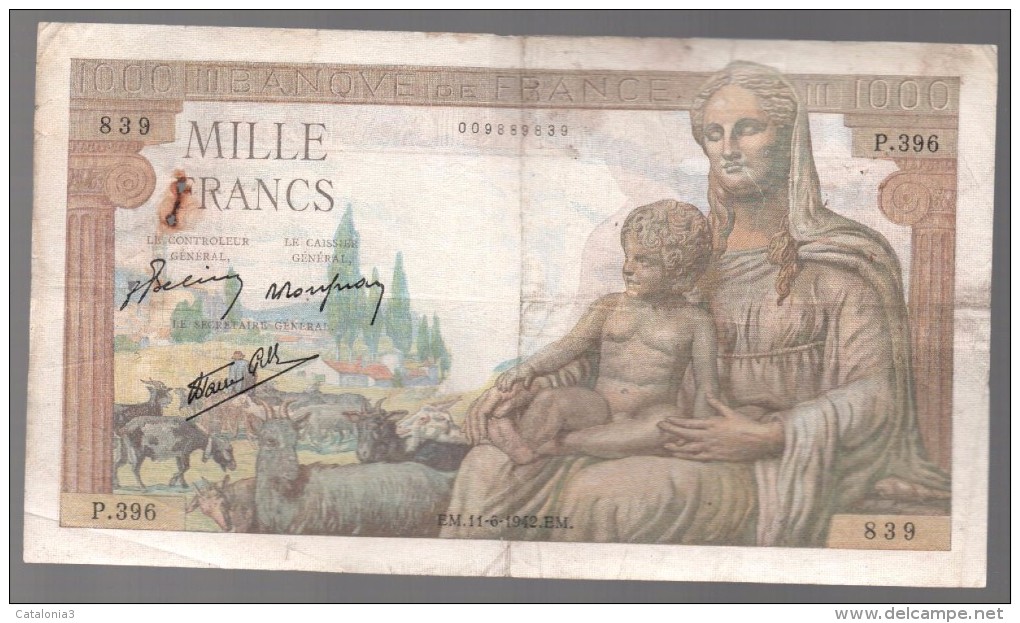 FRANCIA - FRANCE = 1000 Franc 1942 P-102 - 1 000 F 1942-1943 ''Déesse Déméter''