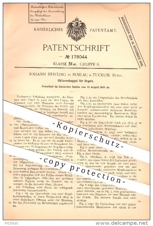 Original Patent - Johann Behting In Irmlau Bei Tuckum , Russland , 1904 , Oktavenkoppel Für Orgeln , Orgel , Oktaven !!! - Historische Dokumente