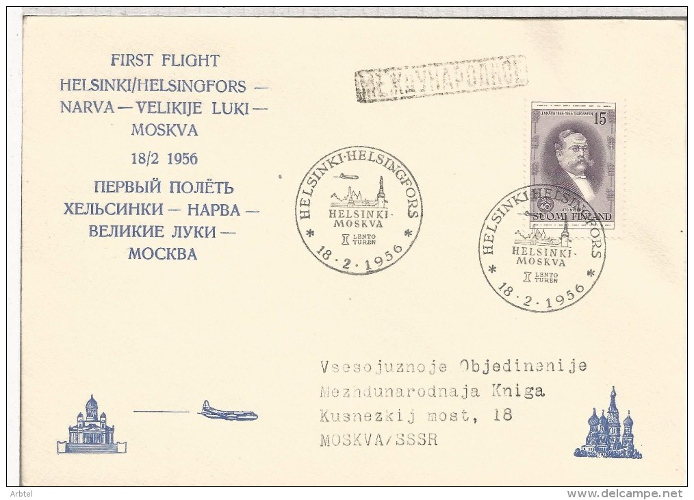 FINLANDIA CC PRIMER VUELO HELSINKI MOSCU 1956 AL DORSO LLEGADA - Briefe U. Dokumente