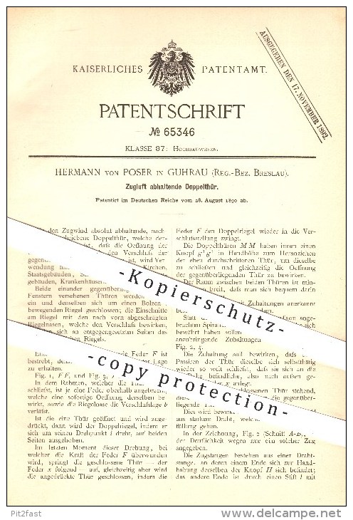 Original Patent - Hermann Von Poser In Guhrau , Breslau , 1890 , Zugluft Abhaltende Doppeltür , Tür , Türen , Zarge !! - Historische Dokumente