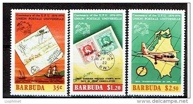 BARBUDA 1976, CENTENAIRE UPU, CARTE, AVION, T/T DE LETTRES, 3 Valeurs, Neufs / Mint. R467 - UPU (Wereldpostunie)
