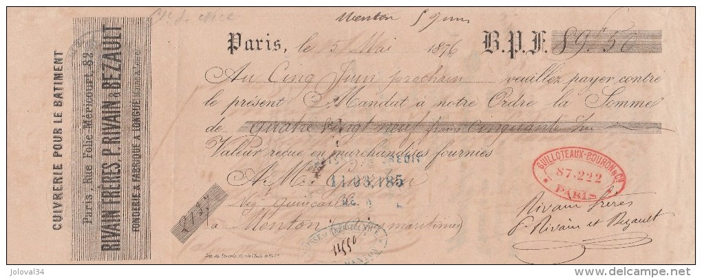 Lettre Change 5/5/1876 RIVAIN & BEZAULT Cuivrerie Fonderie à Longué 49 Rue Folie Méricourt Paris Pour Menton - Lettres De Change