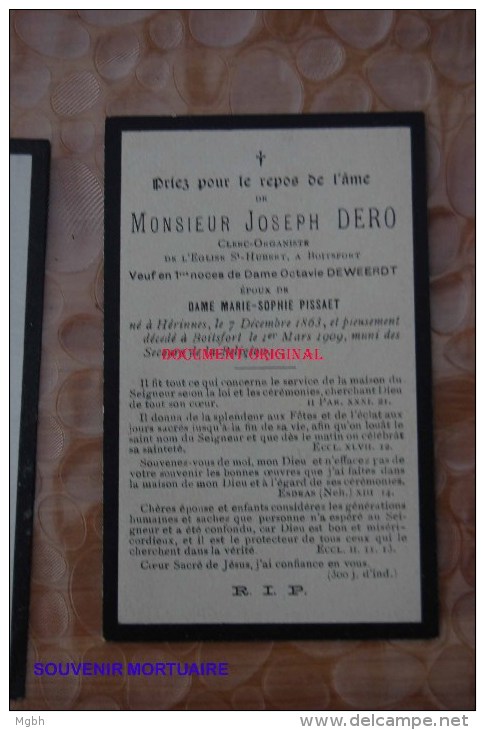 Joseph Dero Deweerdt Pissaet Clerc-organiste Boitsfort Né Hérinnes 1863 + 1909 - Pecq