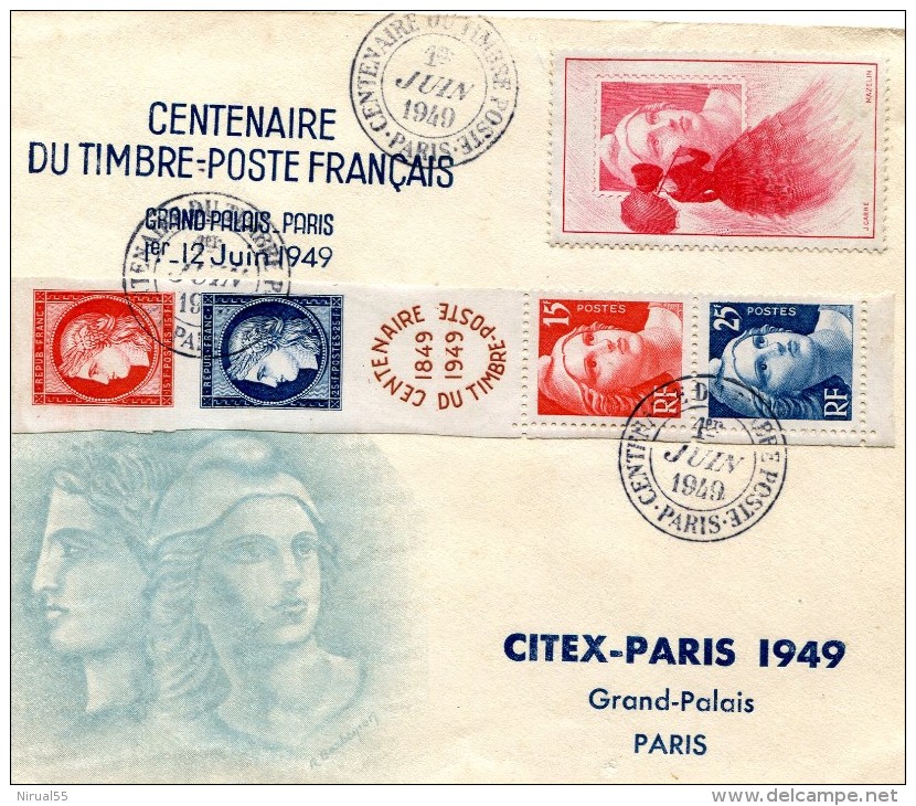 FRANCE Centenaire Du Timbre Poste 1949 Lot 5 Enveloppes Dont Une Avec Bande N° 883A  + Vignette Exposition ....G - Bolli Commemorativi