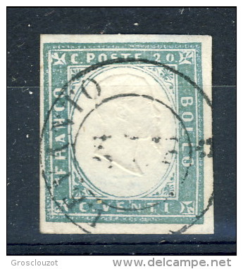 RARITA' Sardegna Tinta Del 1855 C. 20 Sass. 15e Cobalto Verdastro Annullo, Levanto P. 3 (Biondi) Cat € 900 - Sardegna
