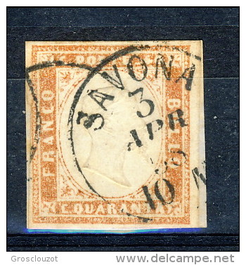 Sardegna C. 40 Vermiglio Arancio Chiaro (tinta 1857), N. 16Ab, Annullo Savona 3-4-1858 (G. Oliva) Cat. &euro; 800 - Sardinia