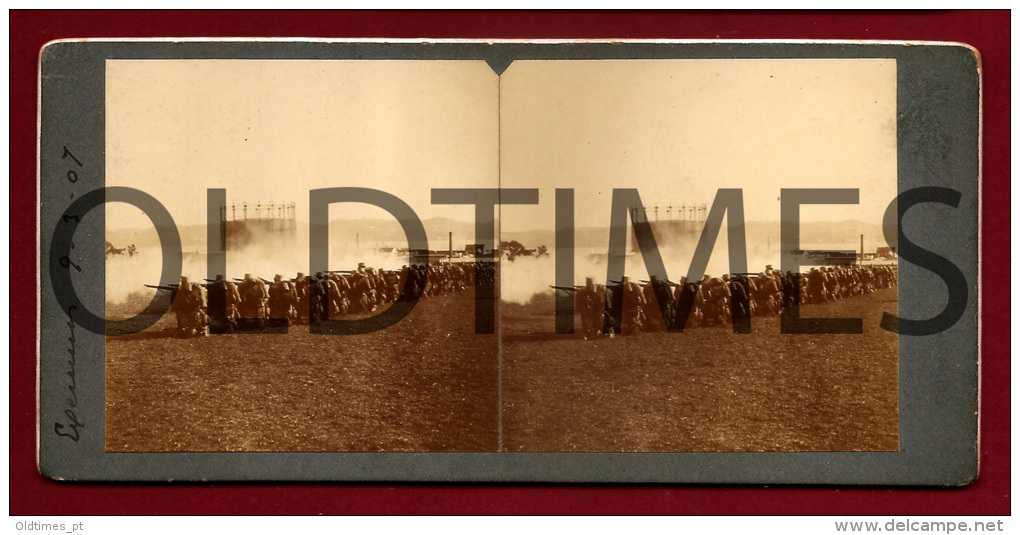 PORTUGAL - LISBOA - MANOBRAS MILITARES NA AJUDA - INFANTARIA - STEREO - 1907 STEREOSCOPIC REAL PHOTO - Stereoscopes - Side-by-side Viewers