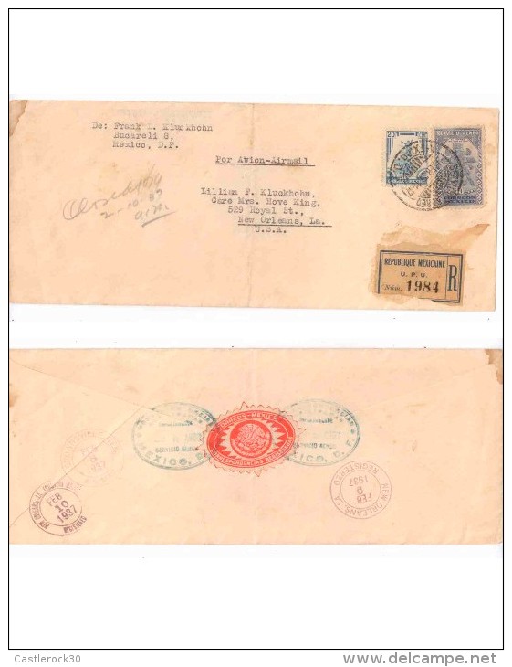 E) 1937 MEXICO, AIRMAIL, EAGLE MAN, SUNBURST SEAL ON BACK, CIRCULATED COVER FROM MEXICO TO USA - Mexico