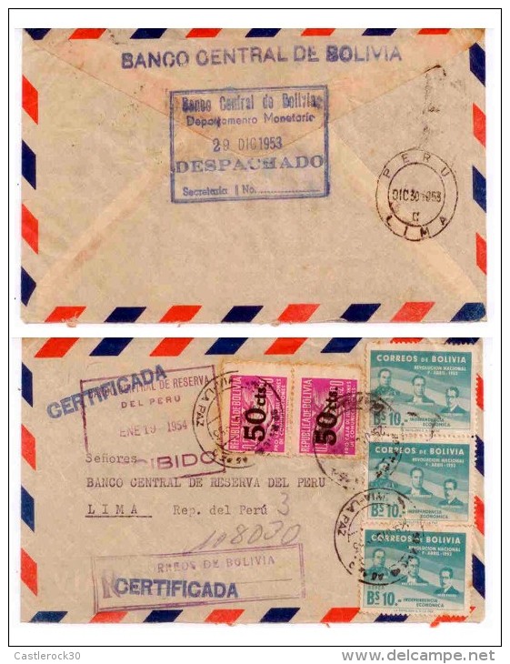 E) 1953 BOLIVIA, TO CENTRAL RESERVE BANK OF PERU, CIRCULATED COVER - Bolivia