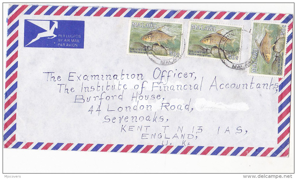 1989 Air Mail MALAWI COVER Stamps 3x 50t FISH To GB - Malawi (1964-...)