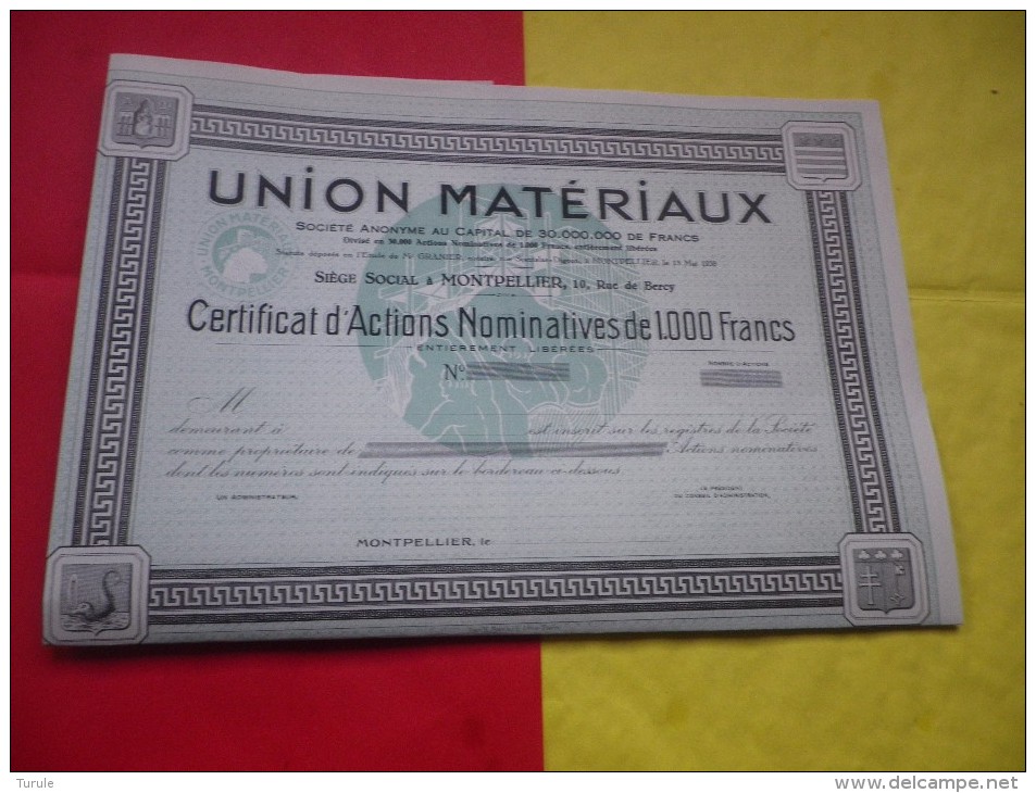 UNION MATERIAUX (certificat Actions 1000 Francs) MONTPELLIER , HERAULT - Autres & Non Classés