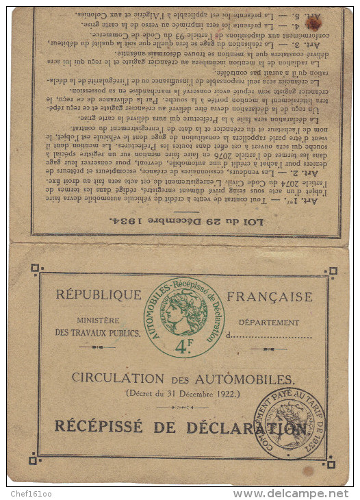 Récépissé De Déclaration De Circulation Des Automobiles, 4 Fr -- La Rochelle 1938 - Autres & Non Classés