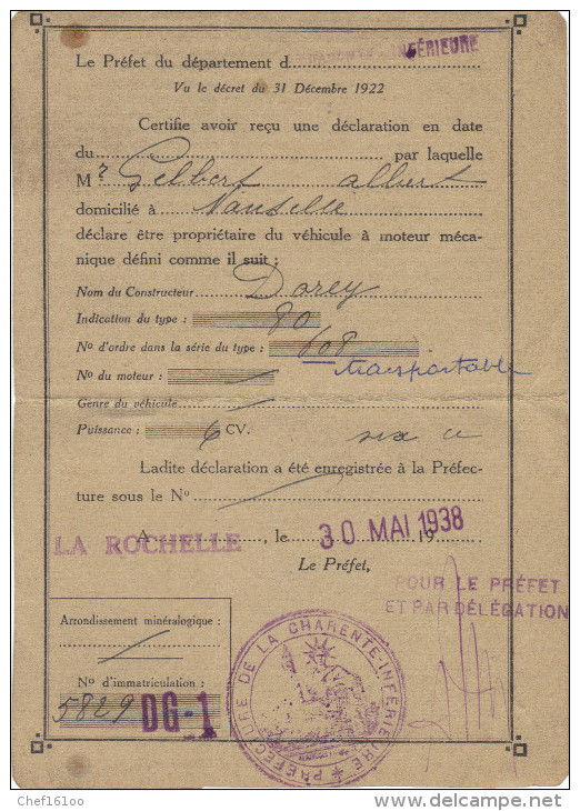 Récépissé De Déclaration De Circulation Des Automobiles, 4 Fr -- La Rochelle 1938 - Autres & Non Classés