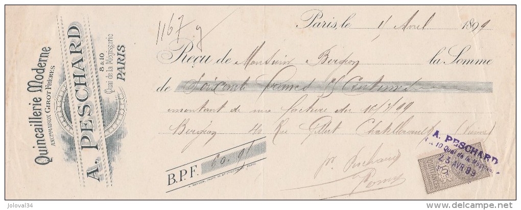 Lettre Change 15/4/1899 Reçu PESCHARD Quincaillerie Moderne Quai De La Mégisserie PARIS Pour Chatellerault Vienne Fente - Cambiali