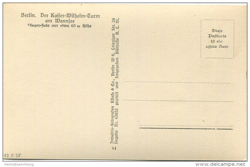 Berlin - Der Kaiser Wilhelm Turm Am Wannsee 30er Jahre - Flieger-Foto Aus Etwa 60m Höhe - Verlag Klinke & Co. Berlin - Wannsee