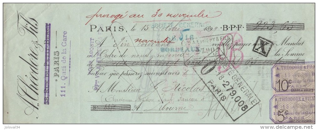 Lettre Change 15/10/1899 A THEODORE & Fils Quai De La Gare PARIS Pour Libourne - Lettres De Change