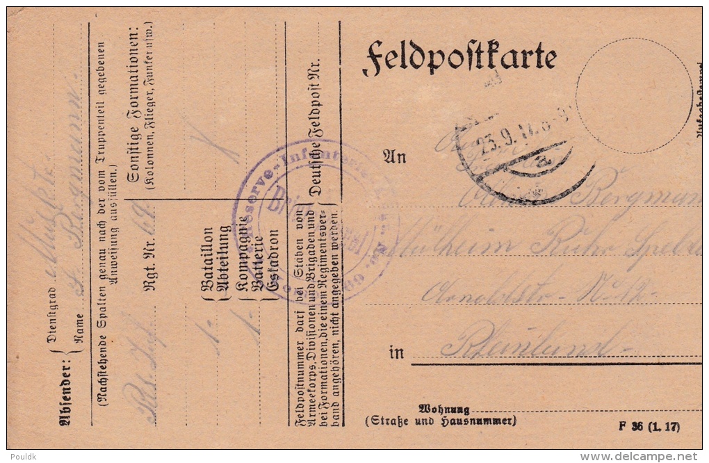 Feldpost WW1: Reserve Infanterie Regiment 69 P/m 23.9.1917 - Plain Postcard  (G72-47) - Militaria