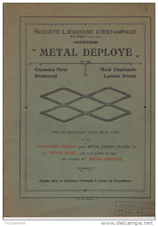 Catalogue 1912 METAL DEPLOYE SCLESSIN-lez-LIEGE - Société Liegeoise D'estampage - Armature Idéale Pour Béton, Ciment... - Publicités