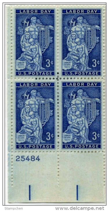 Plate Block -1956 USA Labor Day Stamp Sc#1082 Sculpture Worker - Plattennummern