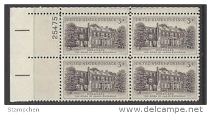 Plate Block -1956 USA Wheatland Stamp Sc#1081 Famous Architecture JAMES BUCHANAN - Numéros De Planches