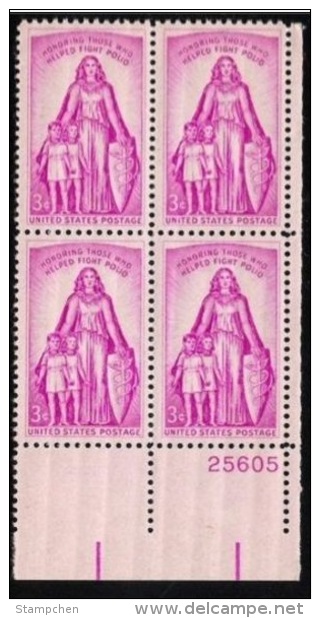 Plate Block -1957 USA Help Fight Polio Stamp Sc#1087 Health Medicine Boy Girl Kid - Numéros De Planches