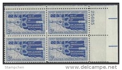 Plate Block -1957 USA Oklahoma Statehood 50th Anniv. Stamp Sc#1092 Map Arrow Atom Archery - Numéros De Planches