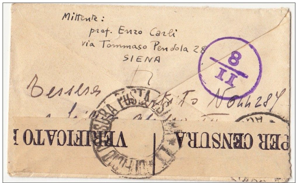 SIENA 1943 - BUSTINA PARTECIPAZIONI PER L´ESTERO / GERMANIA - BOLLI E FASCETTA DI CENSURA  -  SX159 - Storia Postale